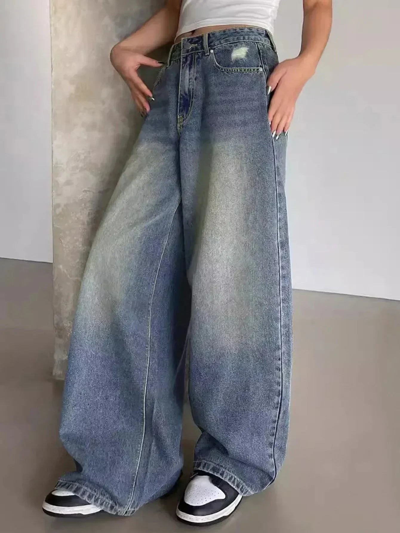 Baggy jeans - Gewassen loszittende jeans met wijde pijpen voor dames-Boetiek Moda