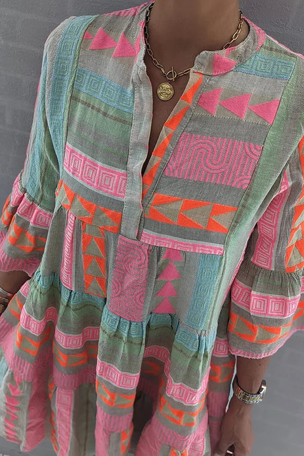 Bedrukte Jurk - Boho Knielange A-lijn Jurk met Halve Mouw-Boetiek Moda