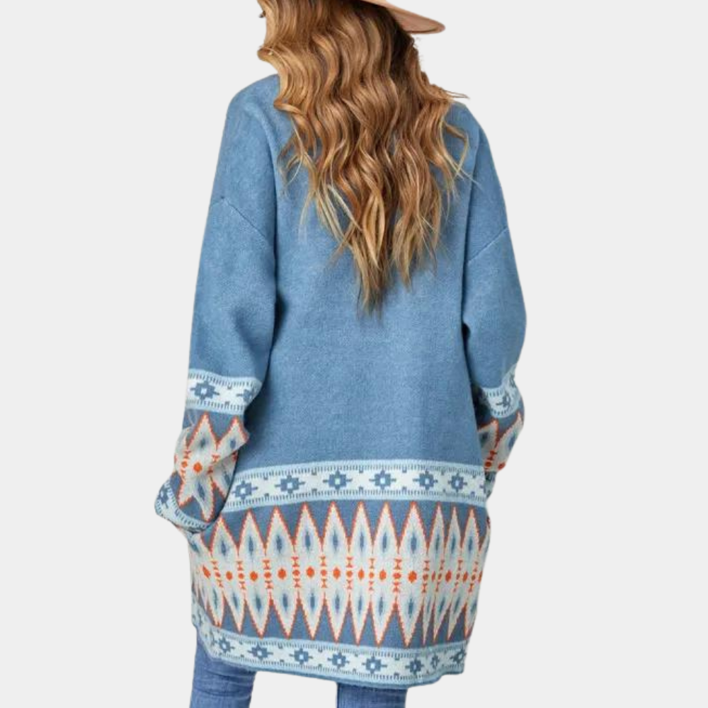 Blauw vest - Boho - Open voorkant - Lang vest - Damesbreigoed-Boetiek Moda