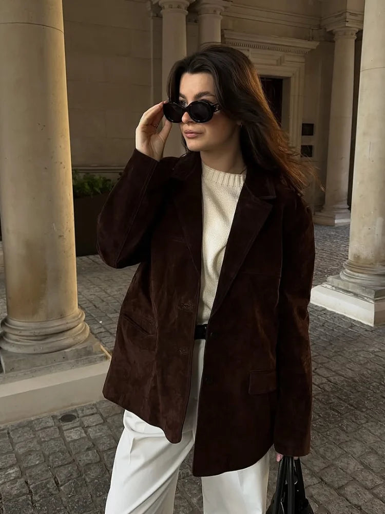 Blazerjasje - Bruin suède reversjasje voor dames voor de herfst-Boetiek Moda