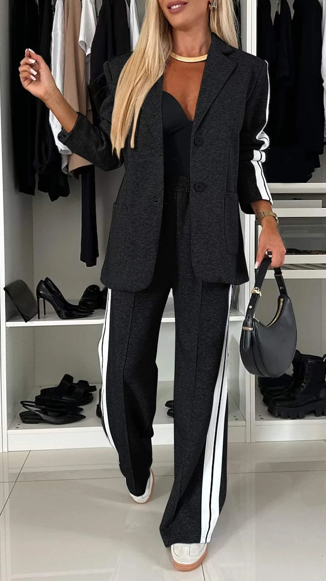 Blazerset - Casual tweedelige broek met wijde pijpen voor dames-Boetiek Moda