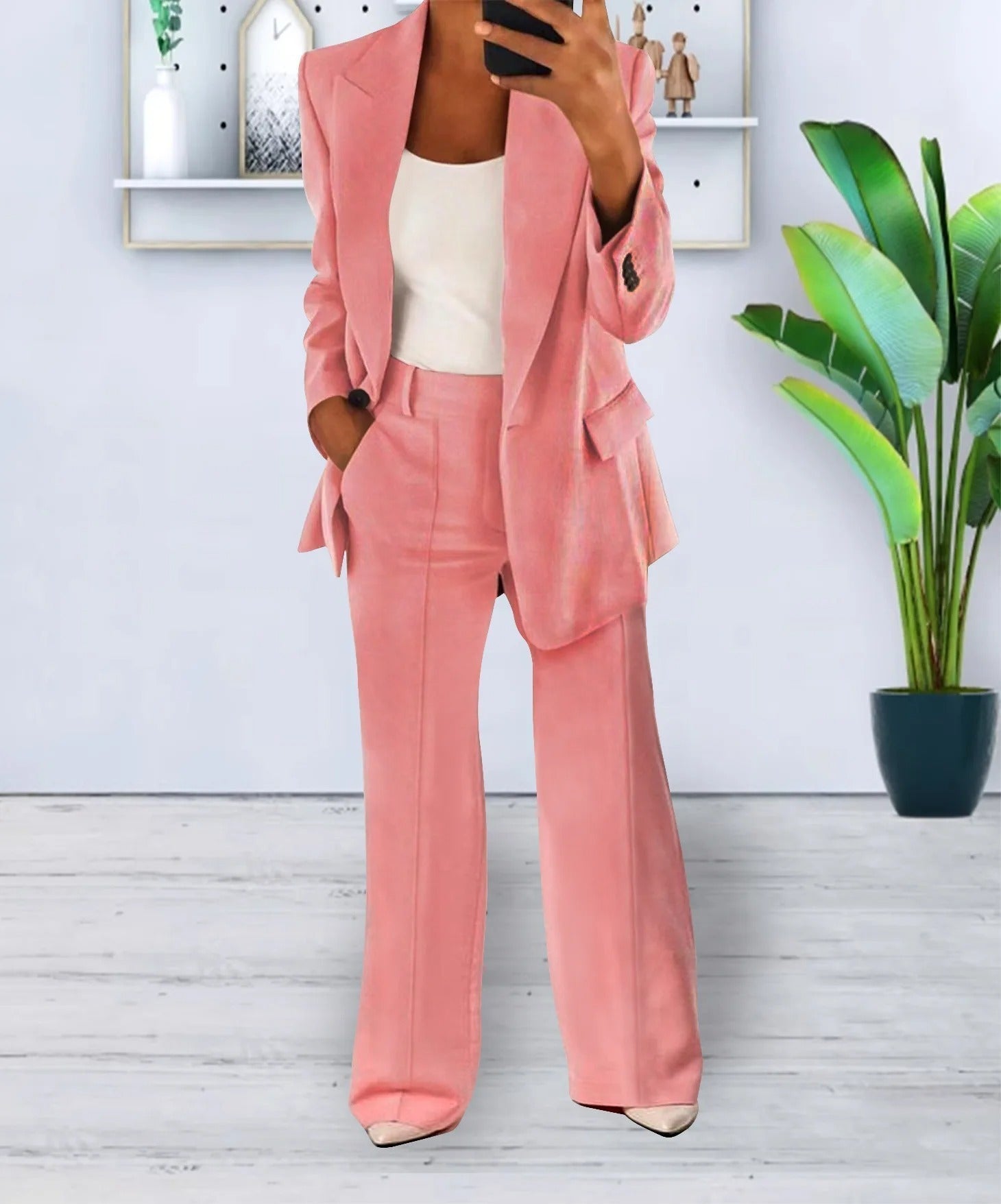 Blazerset | Enkelborstig | Wijde pijpen | Tweedelige set | Set damespak-Boetiek Moda