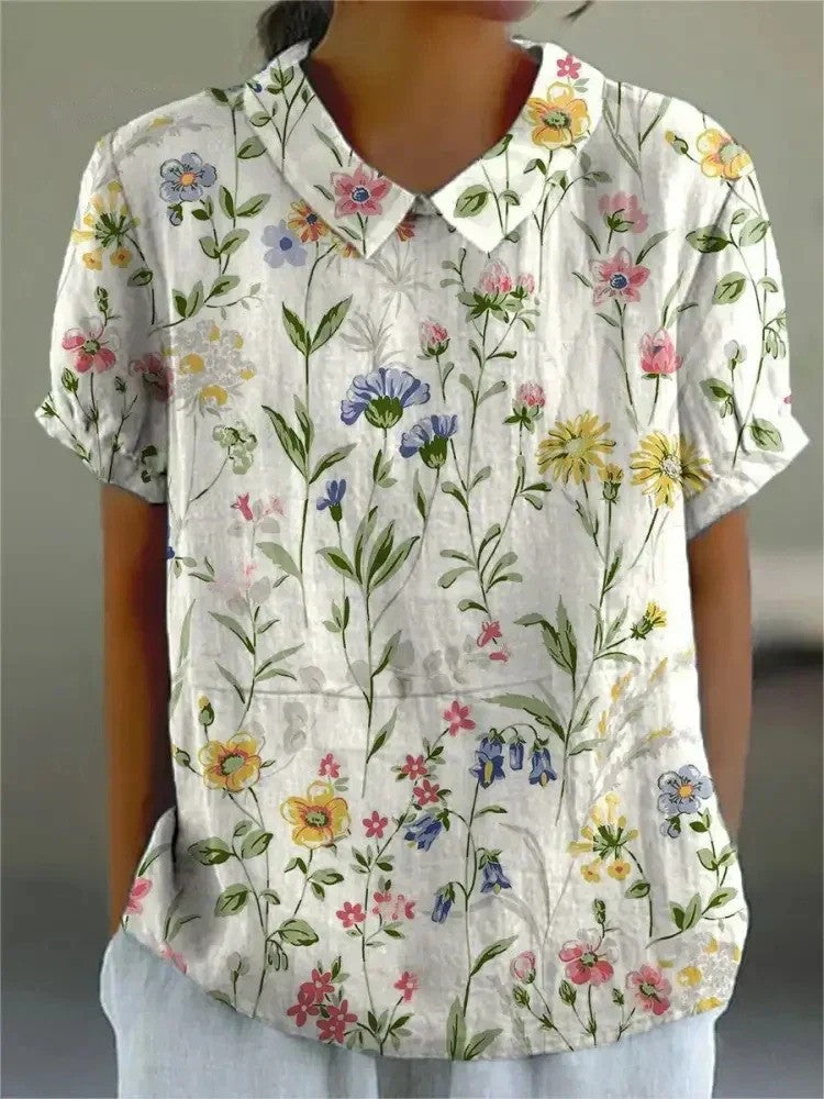 Bloemen Blouse - Losjes Fit - Halve Mouw - Gekraagde Blouse - Dameshemd-Boetiek Moda