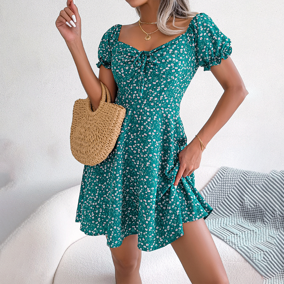 Bloemen Jurk - Pofmouw - Vierkante Hals - Mini Jurk - Zomer Jurk-Boetiek Moda