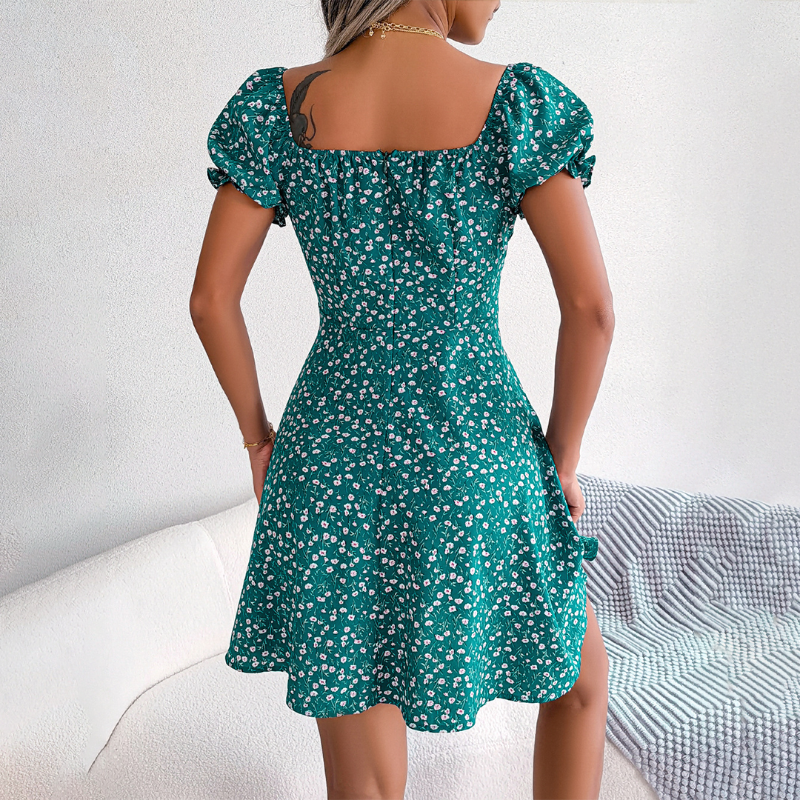 Bloemen Jurk - Pofmouw - Vierkante Hals - Mini Jurk - Zomer Jurk-Boetiek Moda