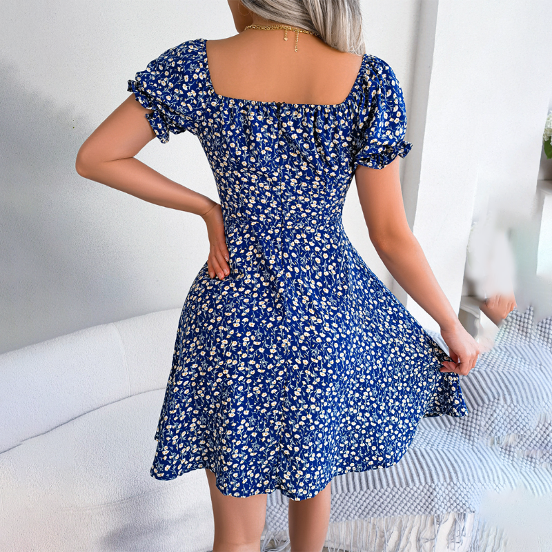 Bloemen Jurk - Pofmouw - Vierkante Hals - Mini Jurk - Zomer Jurk-Boetiek Moda