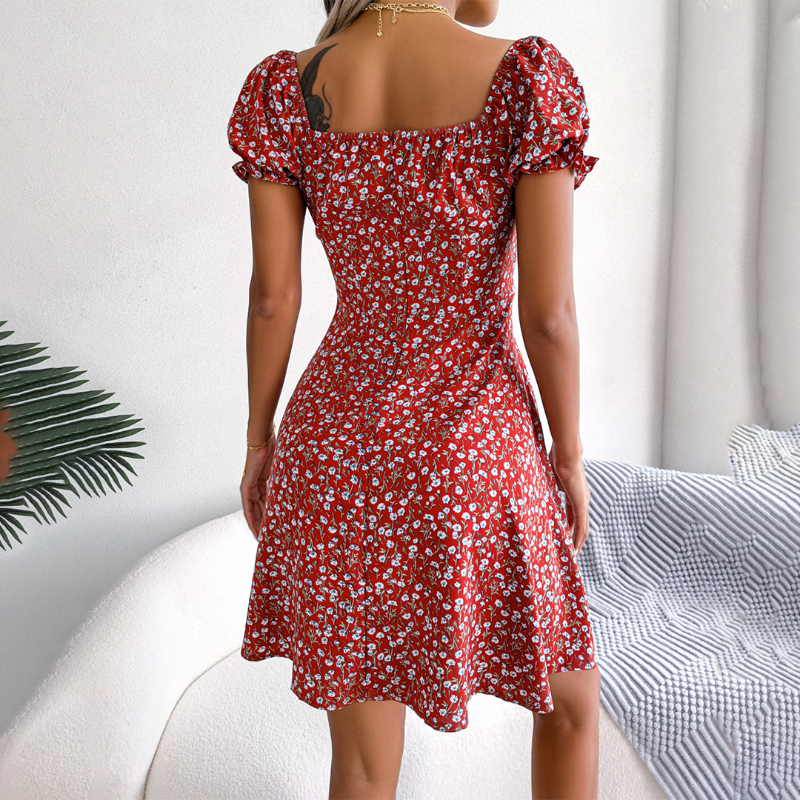 Bloemen Jurk - Pofmouw - Vierkante Hals - Mini Jurk - Zomer Jurk-Boetiek Moda