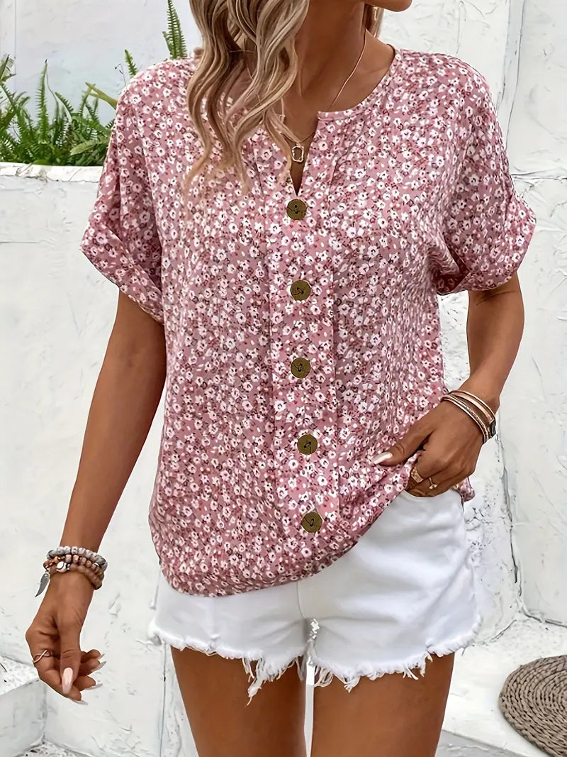 Bloemen Top - Korte Mouw - Button-Up - Zomer Top - Dames Bloemen Blouse-Boetiek Moda