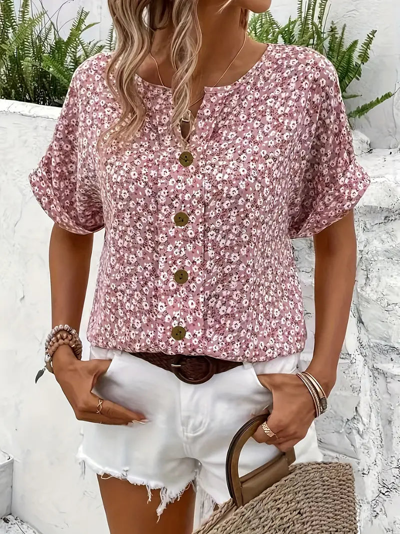 Bloemen Top - Korte Mouw - Button-Up - Zomer Top - Dames Bloemen Blouse-Boetiek Moda