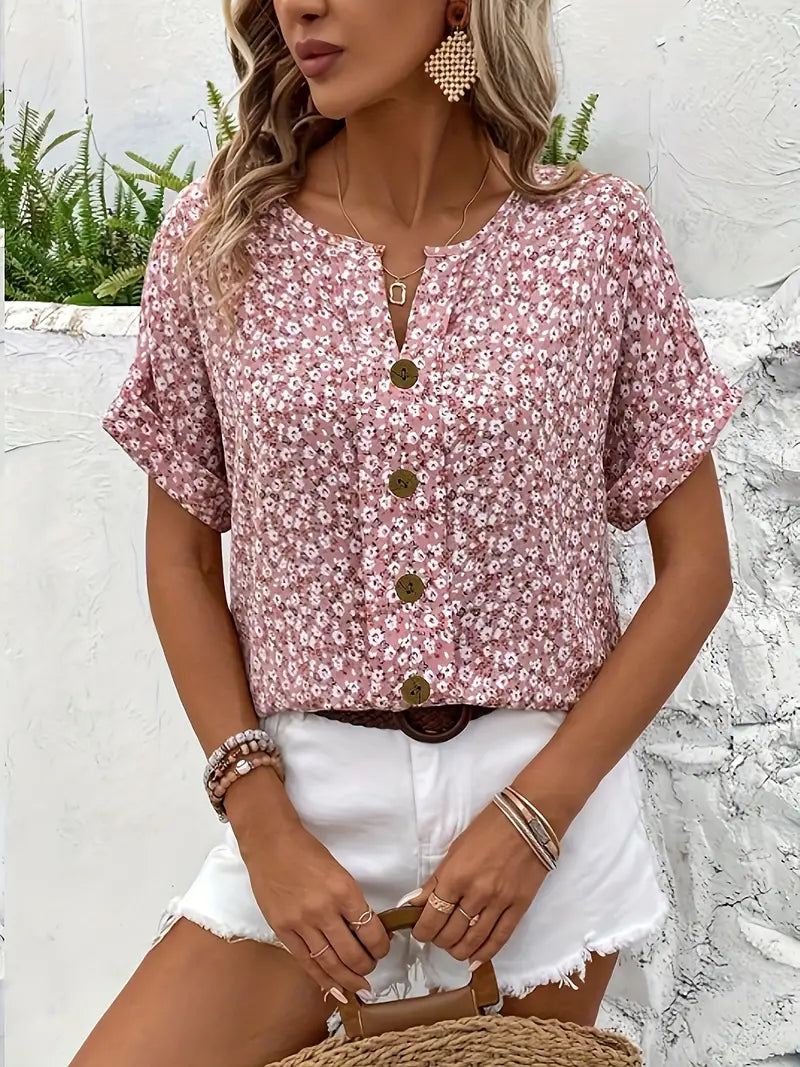 Bloemen Top - Korte Mouw - Button-Up - Zomer Top - Dames Bloemen Blouse-Boetiek Moda