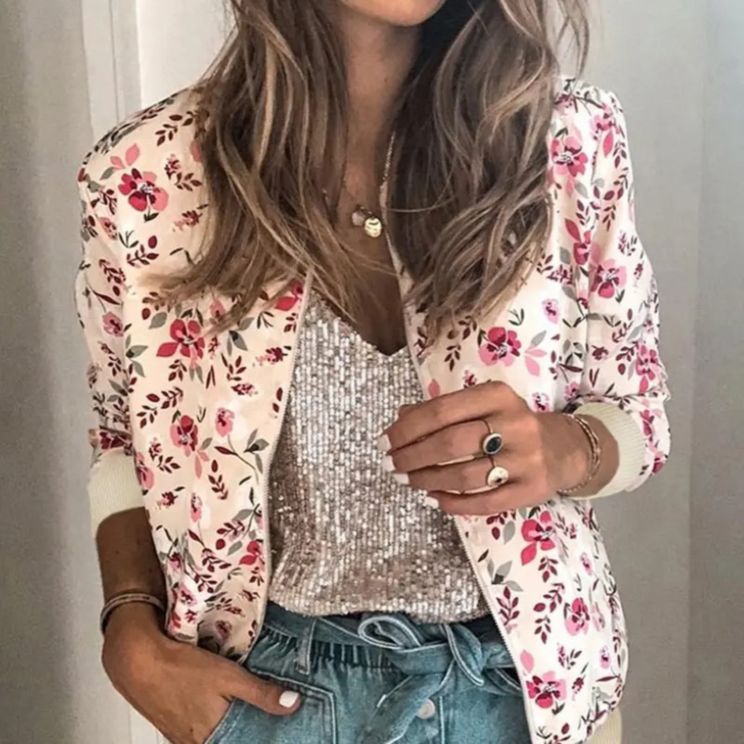 Bloemen bomberjack - Zomerjas met bloemenprint en rits voor dames-Boetiek Moda