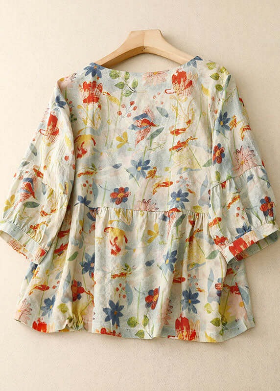 Bloemenblouse - Dameshemd met lange mouwen en losse knoopsluiting van linnen-Boetiek Moda