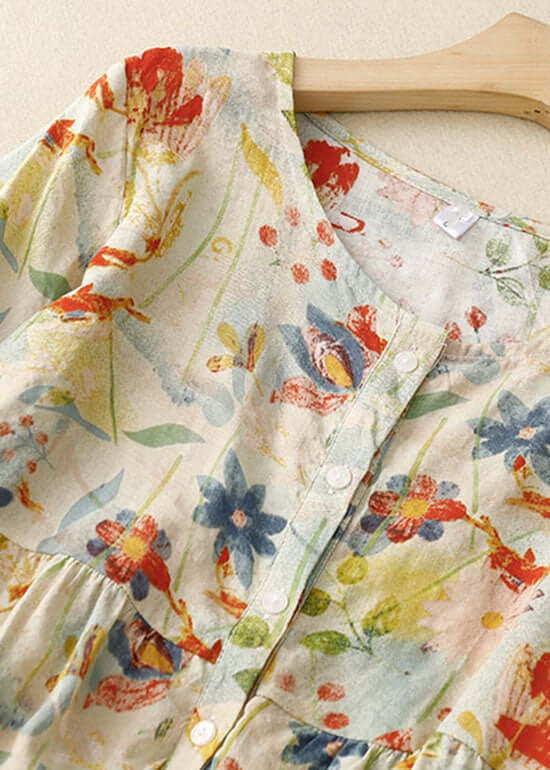 Bloemenblouse - Dameshemd met lange mouwen en losse knoopsluiting van linnen-Boetiek Moda