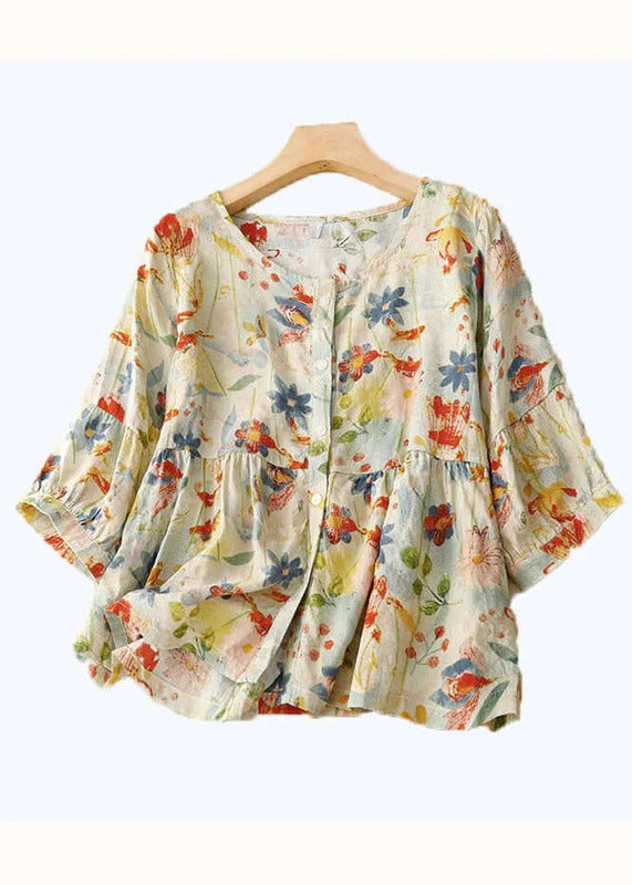 Bloemenblouse - Dameshemd met lange mouwen en losse knoopsluiting van linnen-Boetiek Moda