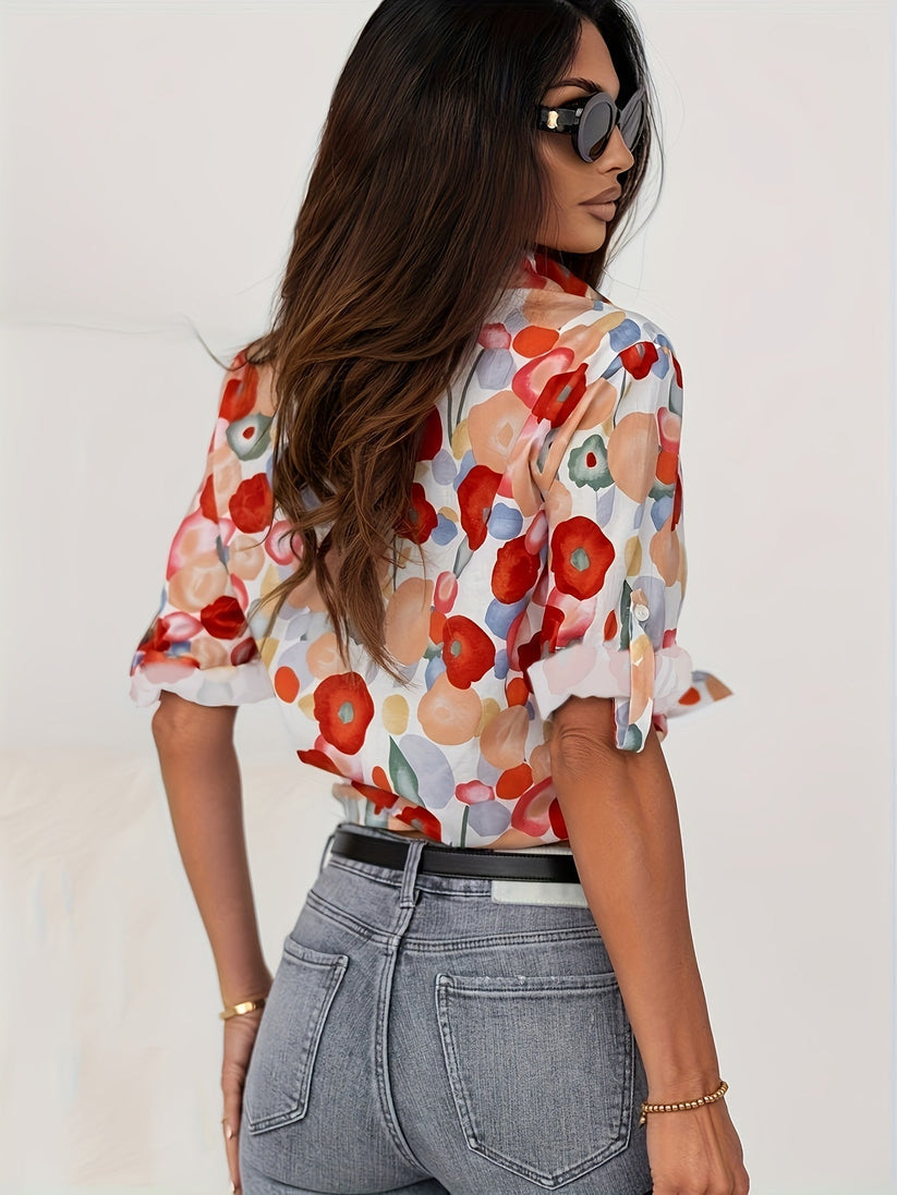 Bloemenblouse | Lange mouwen | Kraag | Bloemenhemd | Damesoverhemd met knopen-Boetiek Moda