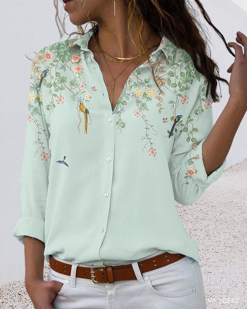 Bloemenblouse - Lange mouwen - Kraag - Knoopsluiting - Damesoverhemd-Boetiek Moda