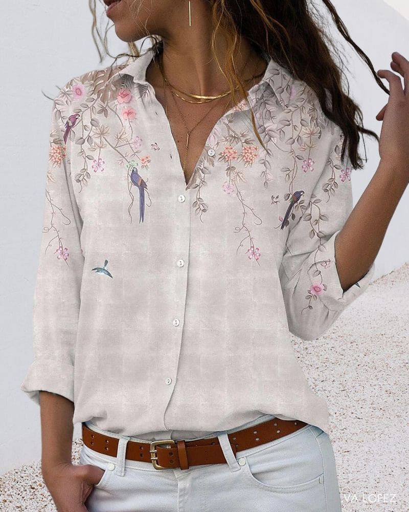 Bloemenblouse - Lange mouwen - Kraag - Knoopsluiting - Damesoverhemd-Boetiek Moda