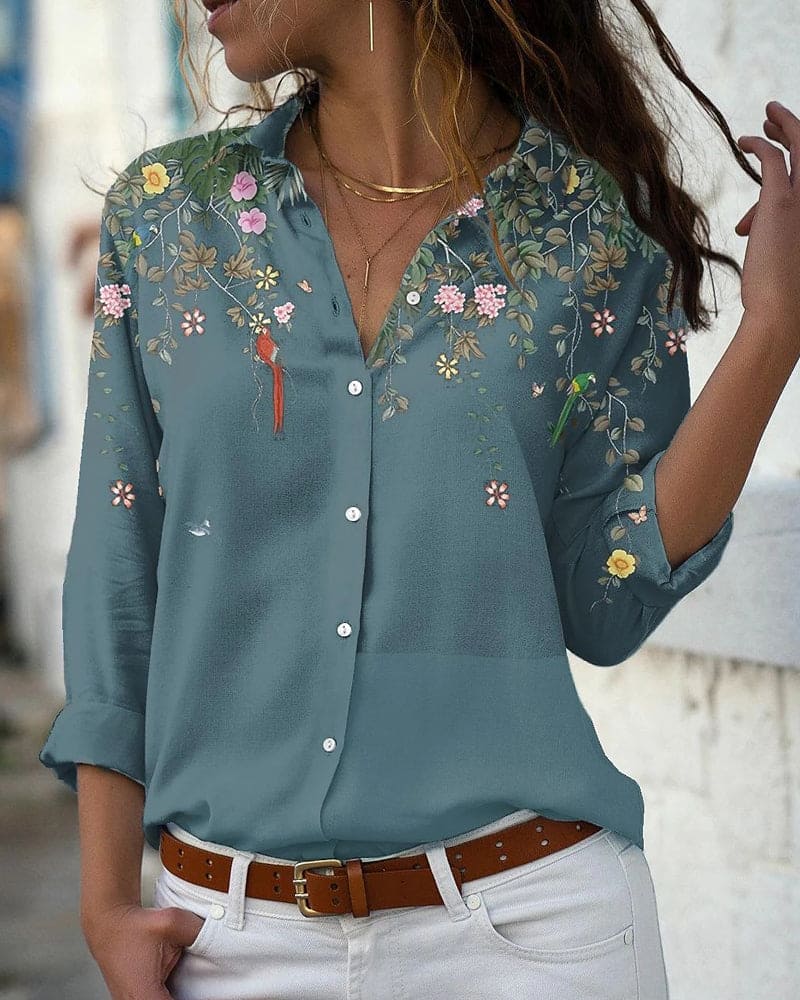 Bloemenblouse - Lange mouwen - Kraag - Knoopsluiting - Damesoverhemd-Boetiek Moda