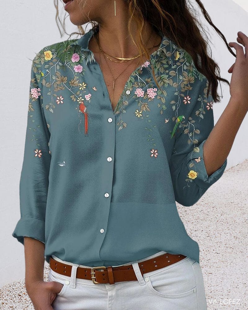 Bloemenblouse - Lange mouwen - Kraag - Knoopsluiting - Damesoverhemd-Boetiek Moda