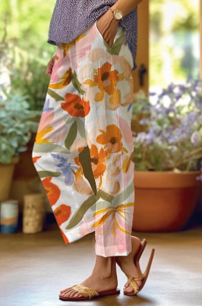 Bloemenbroek - Linnen damesbroek met losse pasvorm voor de zomer-Boetiek Moda