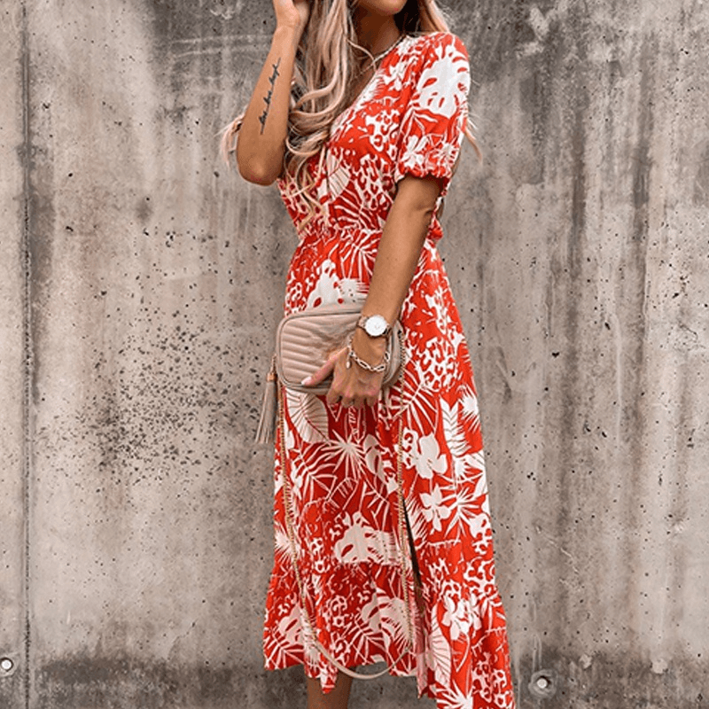 Bloemenjurk - Korte mouwen - Split - Midi-jurk - Zomerjurk-Boetiek Moda