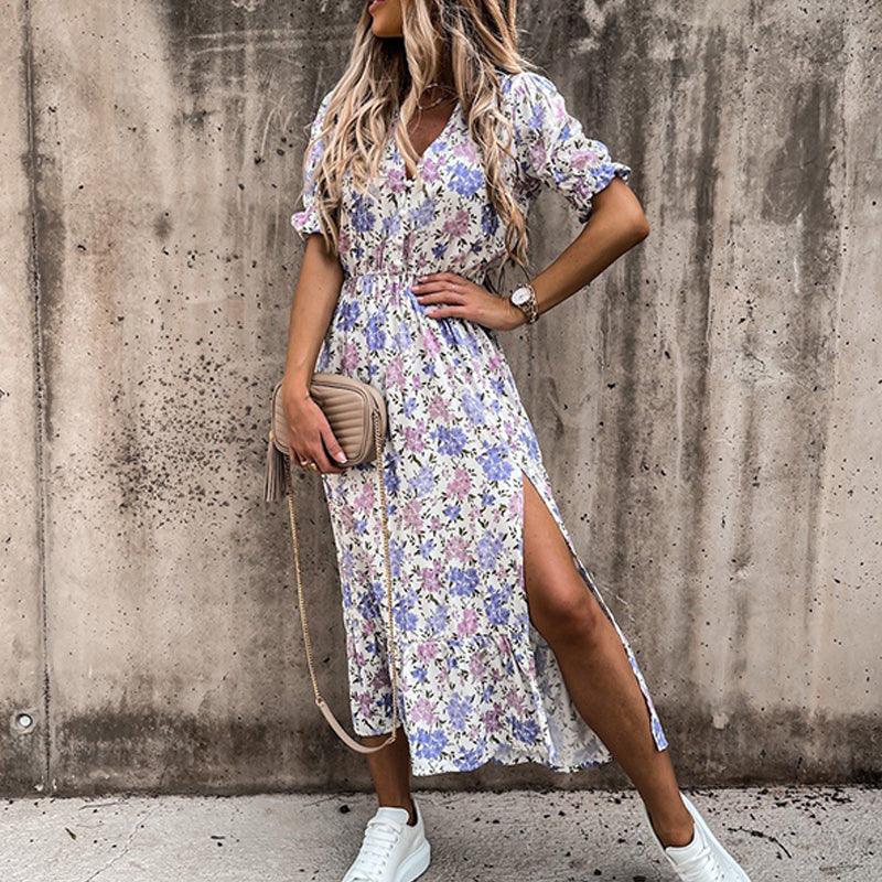 Bloemenjurk - Korte mouwen - Split - Midi-jurk - Zomerjurk-Boetiek Moda