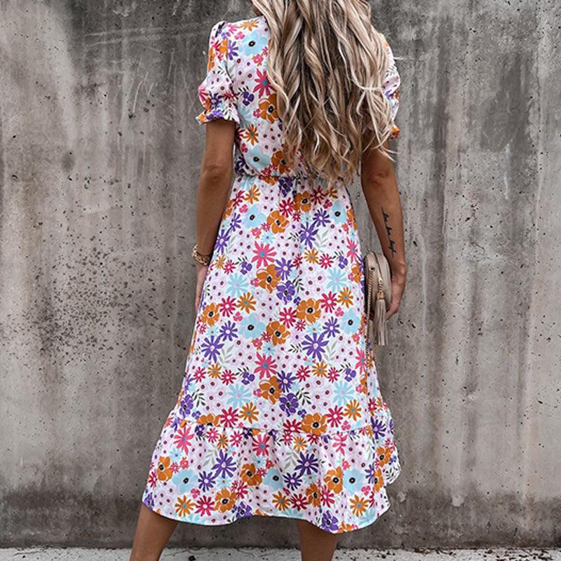 Bloemenjurk - Korte mouwen - Split - Midi-jurk - Zomerjurk-Boetiek Moda