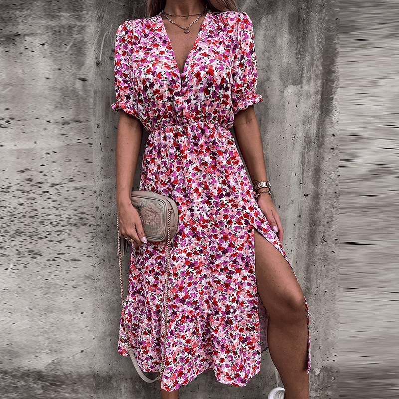 Bloemenjurk - Korte mouwen - Split - Midi-jurk - Zomerjurk-Boetiek Moda