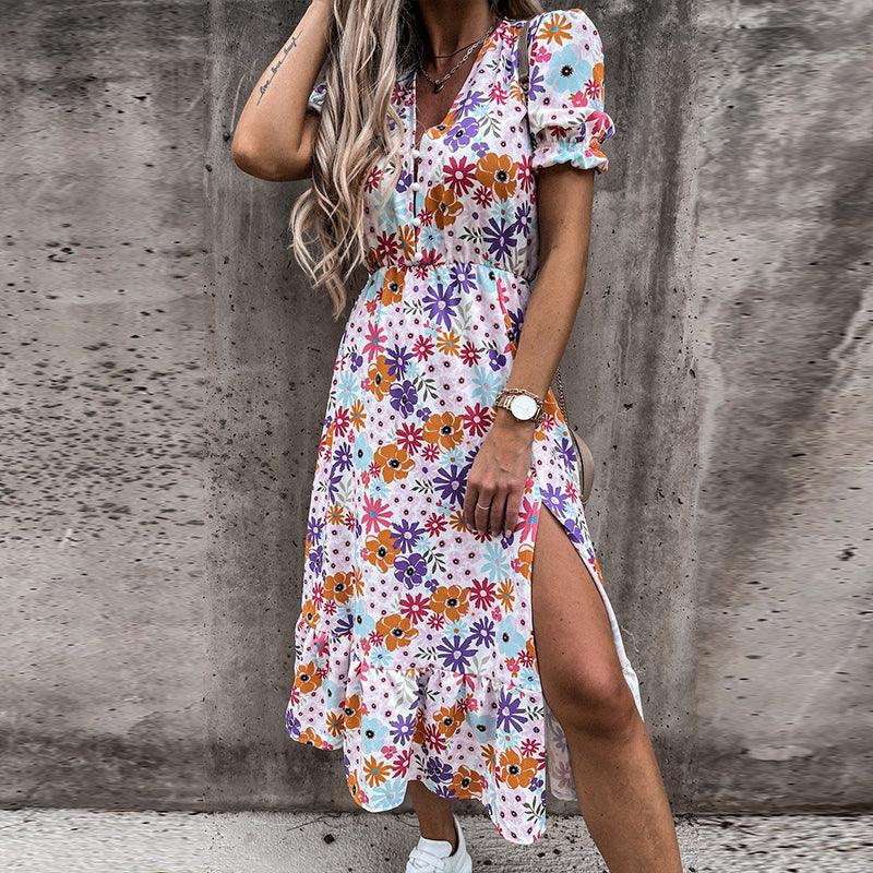 Bloemenjurk - Korte mouwen - Split - Midi-jurk - Zomerjurk-Boetiek Moda