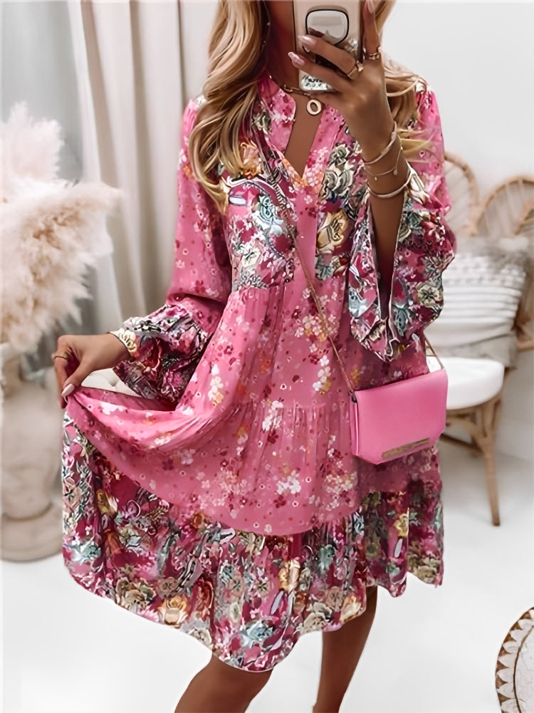 Bloemenjurk | Lange Mouw | A-lijn | Boho Jurk | Zomerjurk-Boetiek Moda