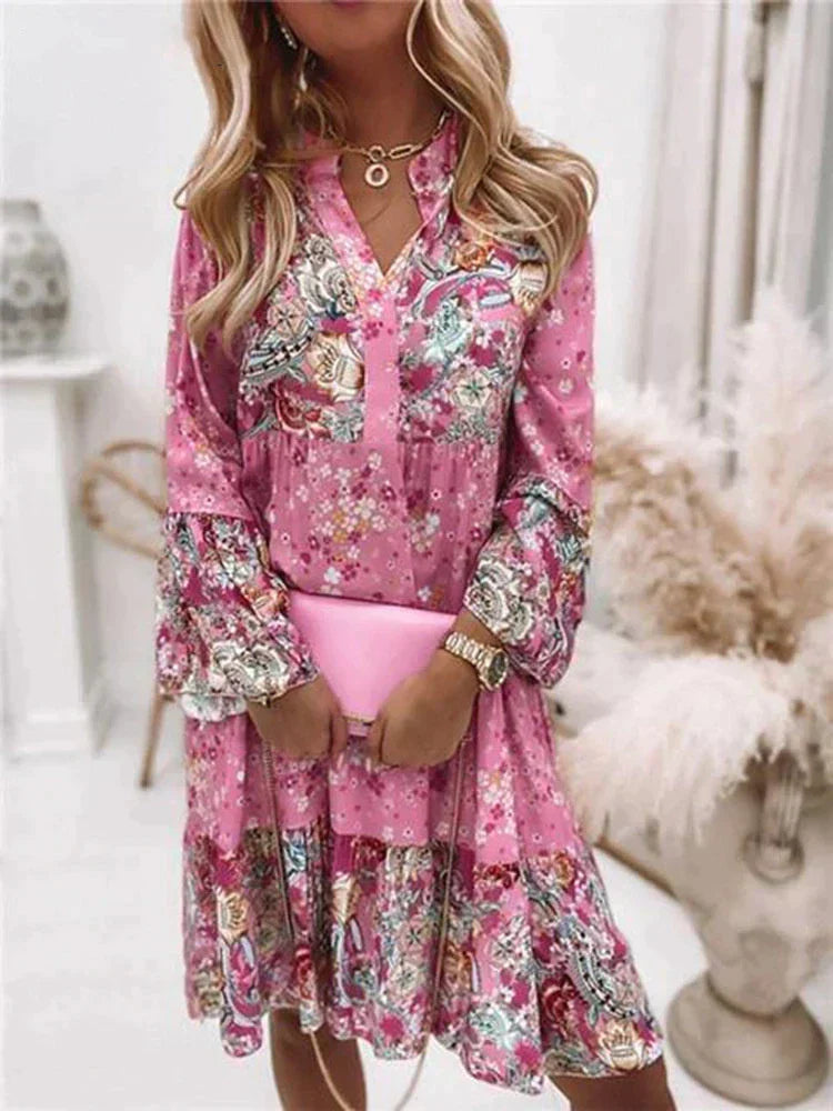 Bloemenjurk | Lange Mouw | A-lijn | Boho Jurk | Zomerjurk-Boetiek Moda