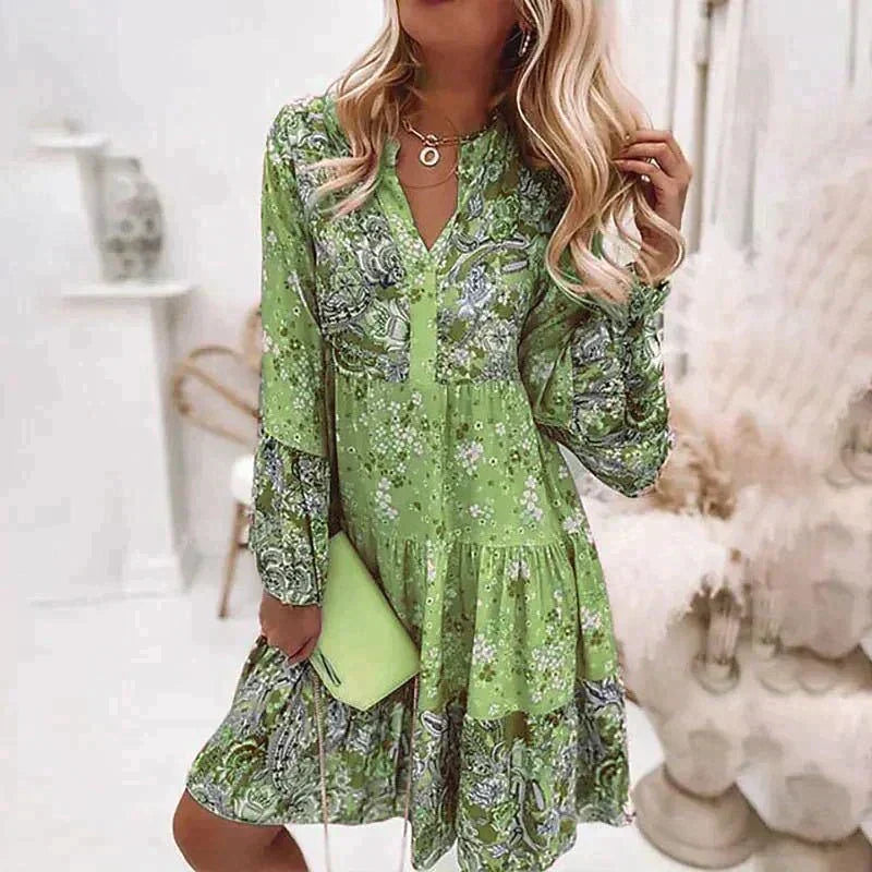 Bloemenjurk | Lange Mouw | A-lijn | Boho Jurk | Zomerjurk-Boetiek Moda