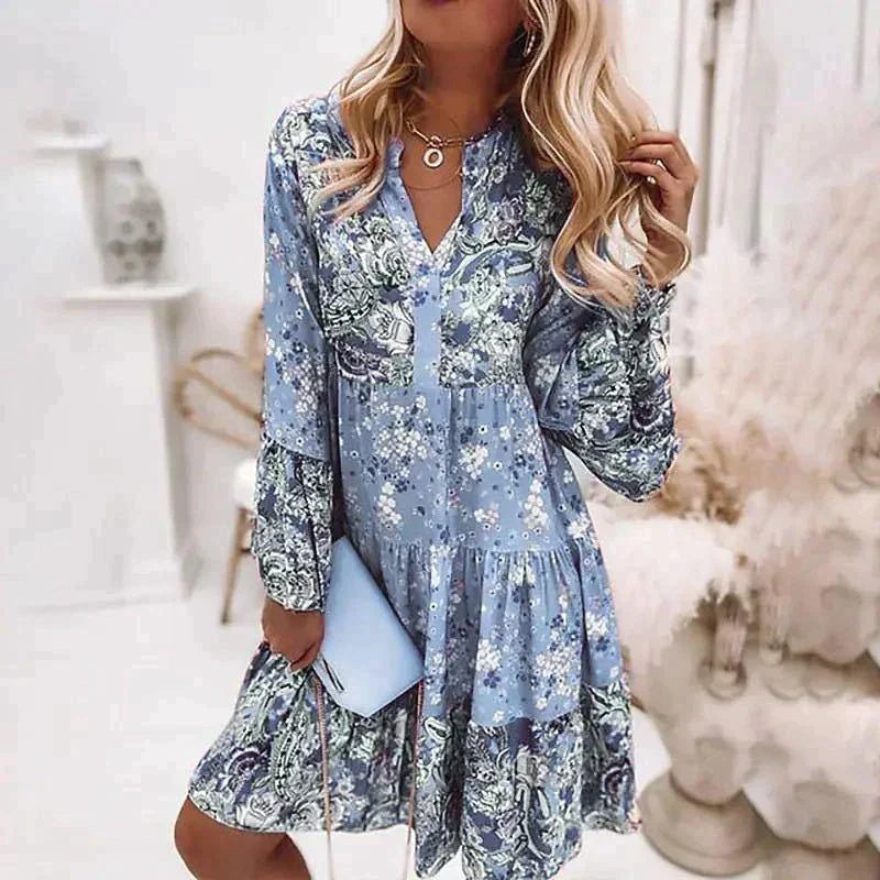 Bloemenjurk | Lange Mouw | A-lijn | Boho Jurk | Zomerjurk-Boetiek Moda