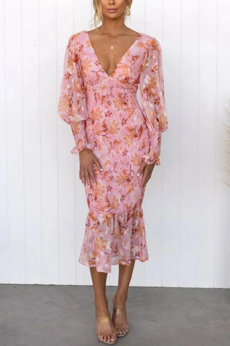 Bloemenjurk - Lange Mouw - V-Hals - Elegante Jurk - Midi Jurk-Boetiek Moda
