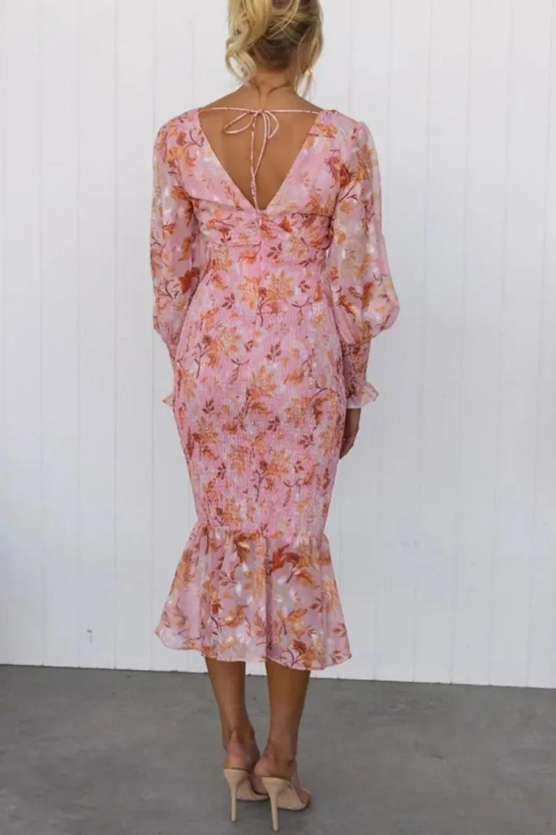 Bloemenjurk - Lange Mouw - V-Hals - Elegante Jurk - Midi Jurk-Boetiek Moda