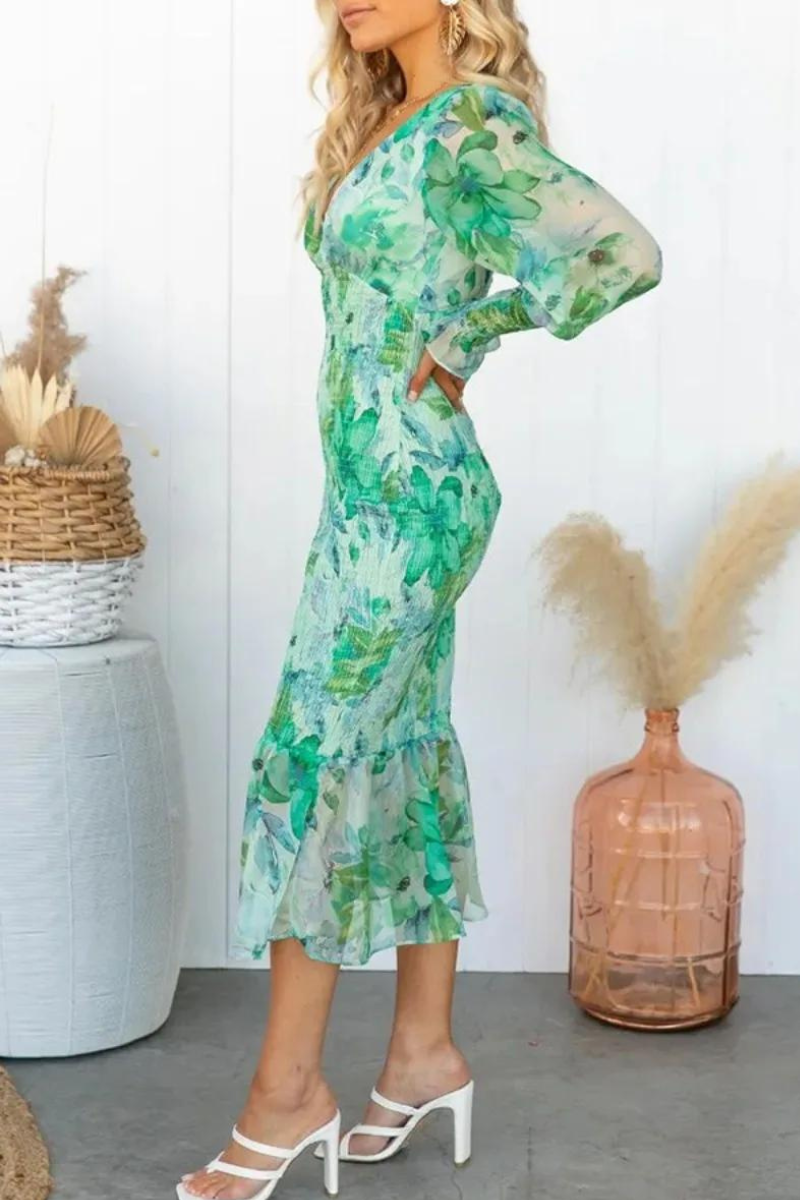 Bloemenjurk - Lange Mouw - V-Hals - Elegante Jurk - Midi Jurk-Boetiek Moda
