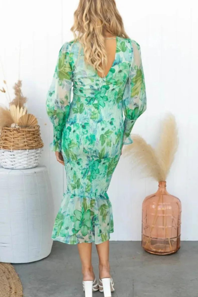 Bloemenjurk - Lange Mouw - V-Hals - Elegante Jurk - Midi Jurk-Boetiek Moda