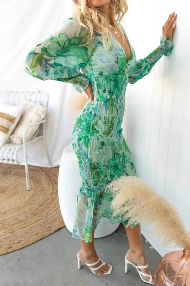 Bloemenjurk - Lange Mouw - V-Hals - Elegante Jurk - Midi Jurk-Boetiek Moda