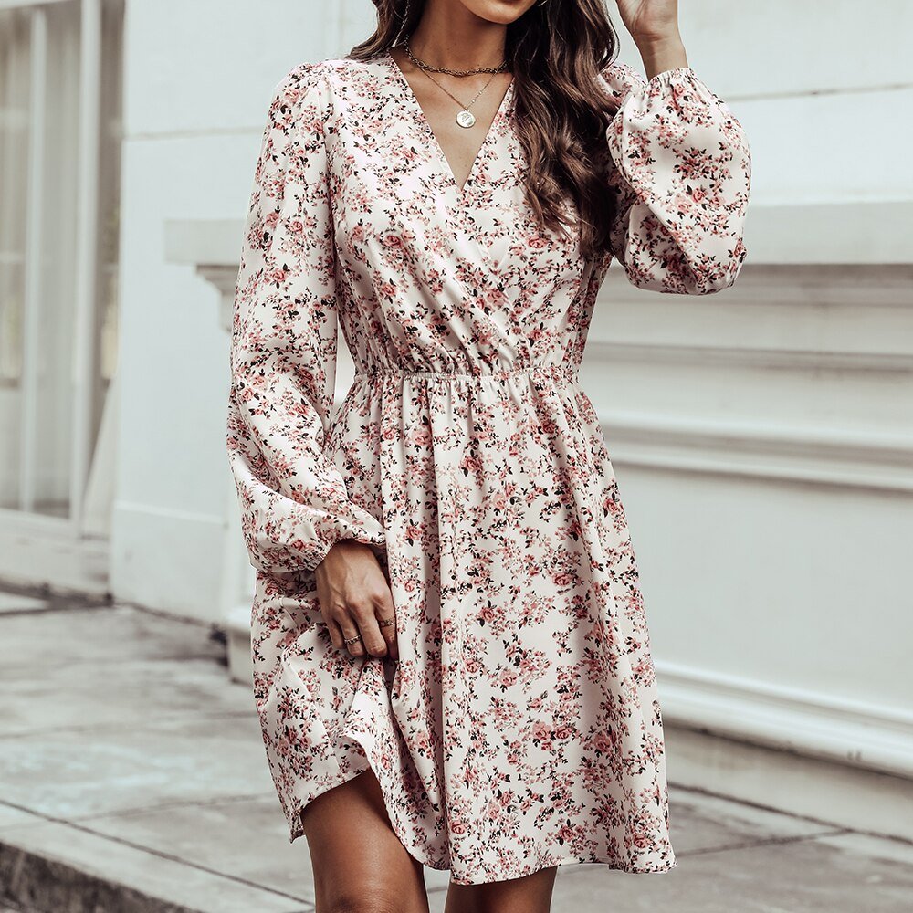 Bloemenjurk | Lange Mouw | V-Hals | Mini Jurk | Zomerjurk-Boetiek Moda
