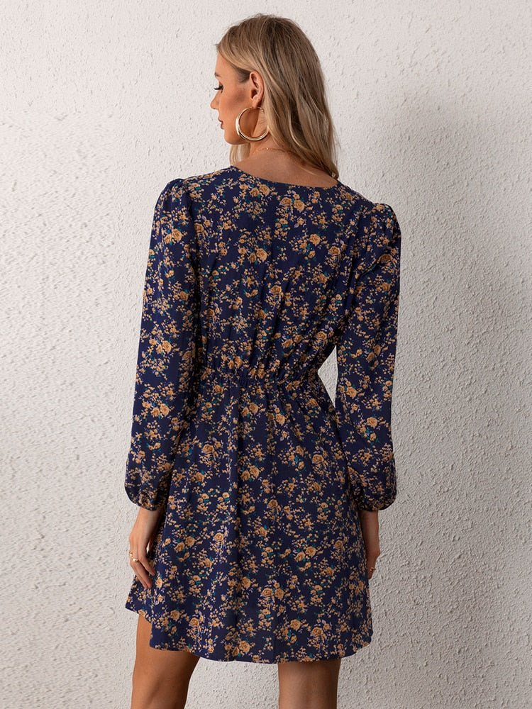 Bloemenjurk | Lange Mouw | V-Hals | Mini Jurk | Zomerjurk-Boetiek Moda