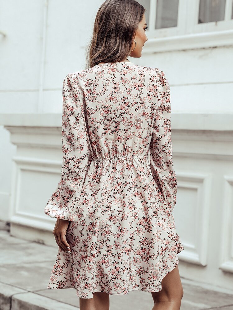 Bloemenjurk | Lange Mouw | V-Hals | Mini Jurk | Zomerjurk-Boetiek Moda