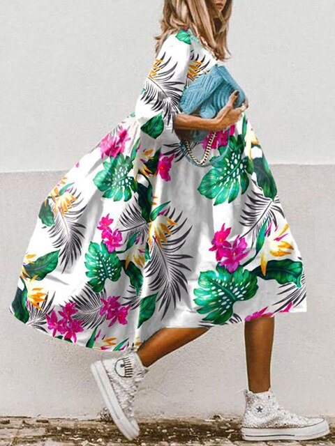 Bloemenjurk | Los model | Lange Mouw | Midi Jurk | Zomerjurk-Boetiek Moda
