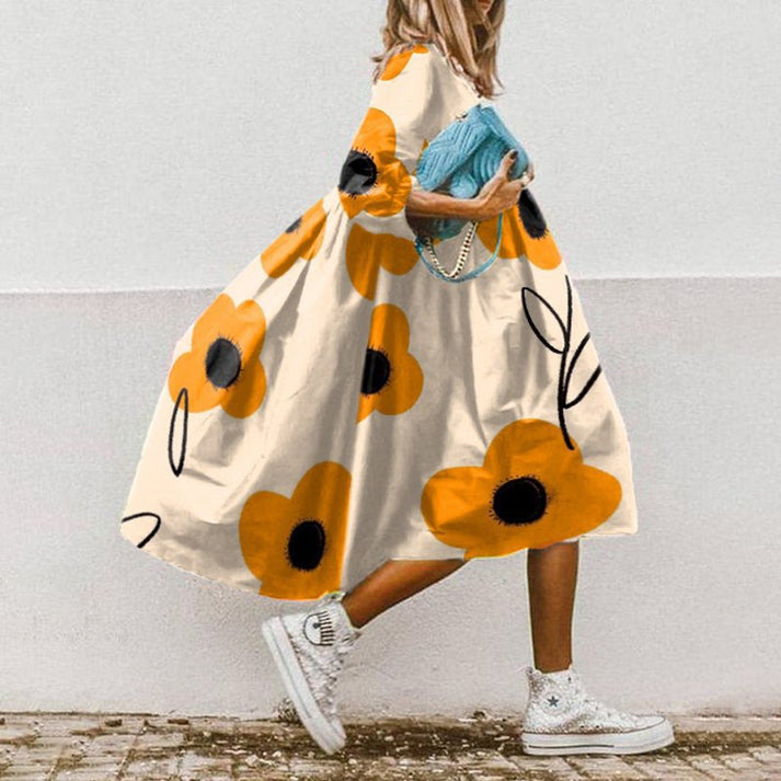 Bloemenjurk | Los model | Lange Mouw | Midi Jurk | Zomerjurk-Boetiek Moda