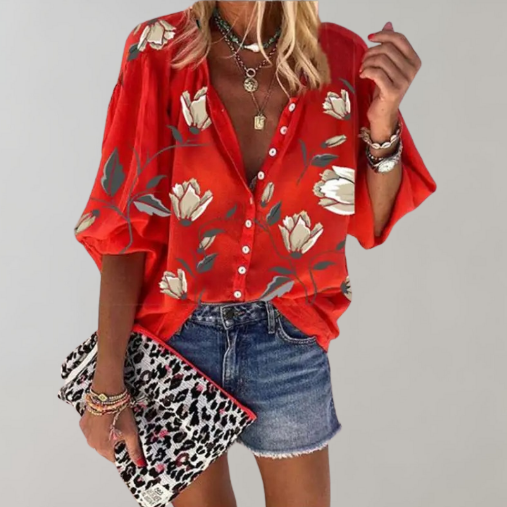 Bloemetjesblouse - Losjes model - Halve mouwen - Zomertop - Zomerkleding voor dames-Boetiek Moda