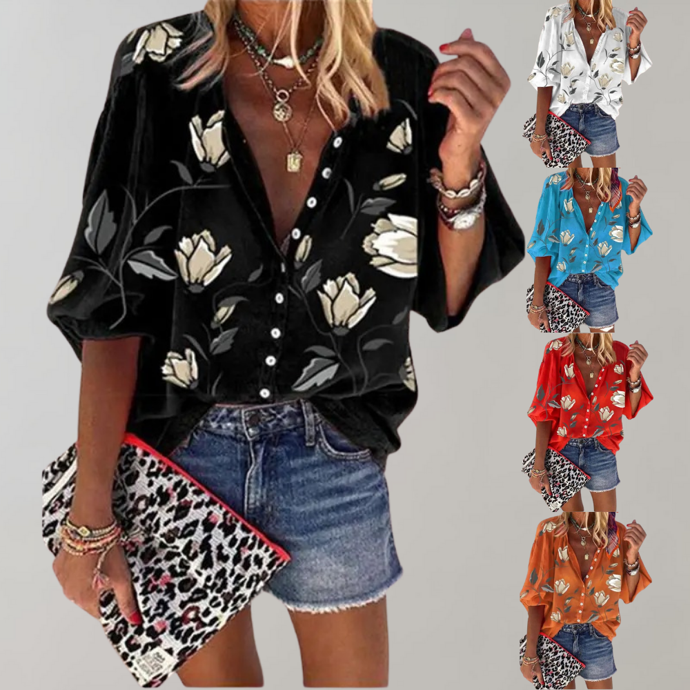 Bloemetjesblouse - Losjes model - Halve mouwen - Zomertop - Zomerkleding voor dames-Boetiek Moda
