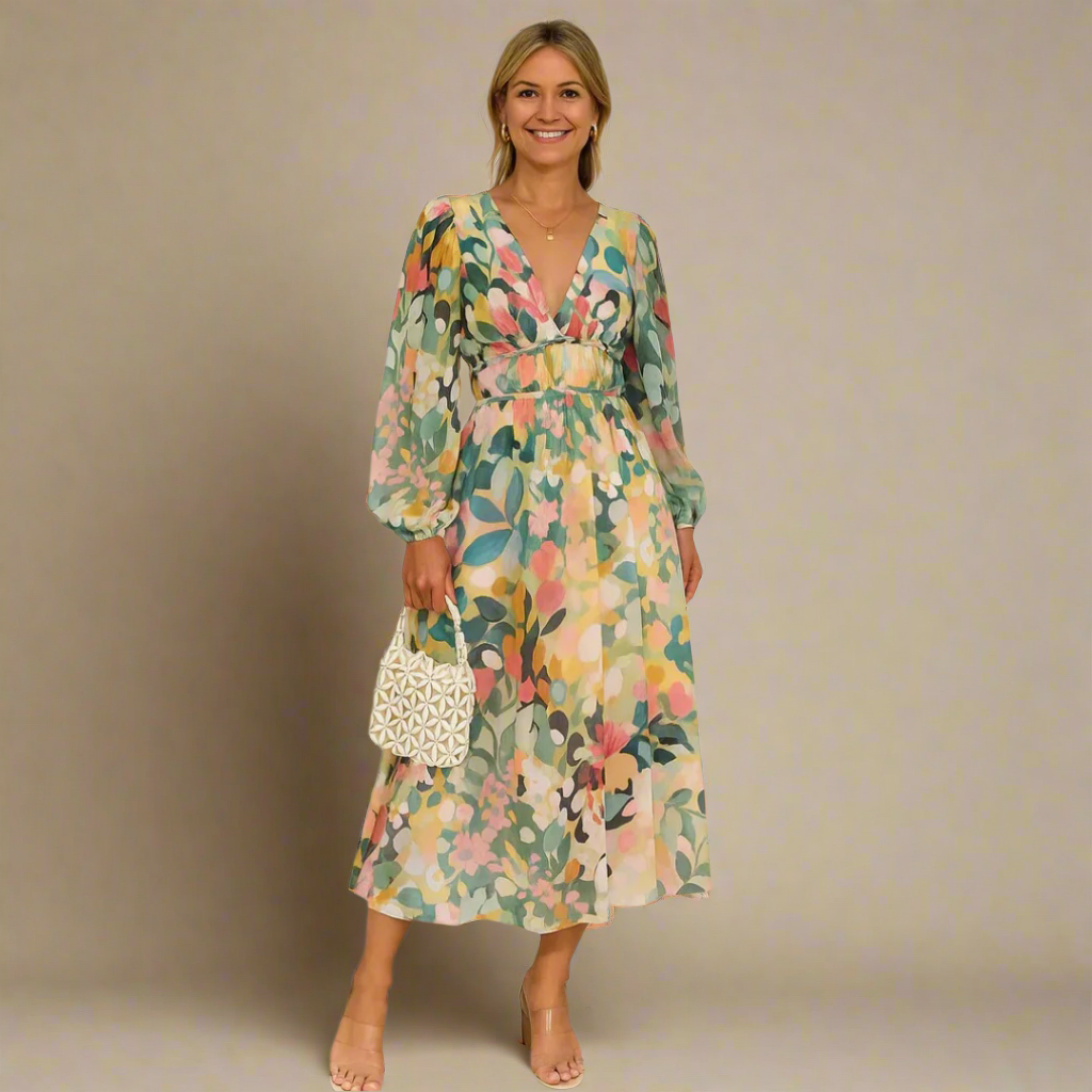 Bloemige Maxi Zondagjurk | Lange Mouwen | V-Hals | Maxi Zondagjurk | Zomerjurk-Boetiek Moda