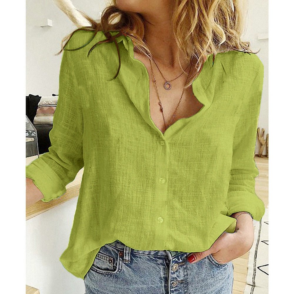 Blouse - Lange Mouw - Button-Up - Linnen Overhemd - Dames Overhemden-Boetiek Moda