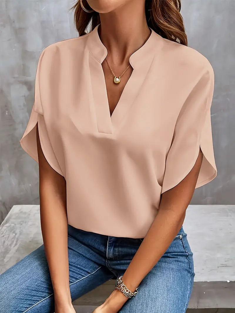 Blouse - V-hals - Korte Mouw - Satijnen Blouse - Dameskleding-Boetiek Moda