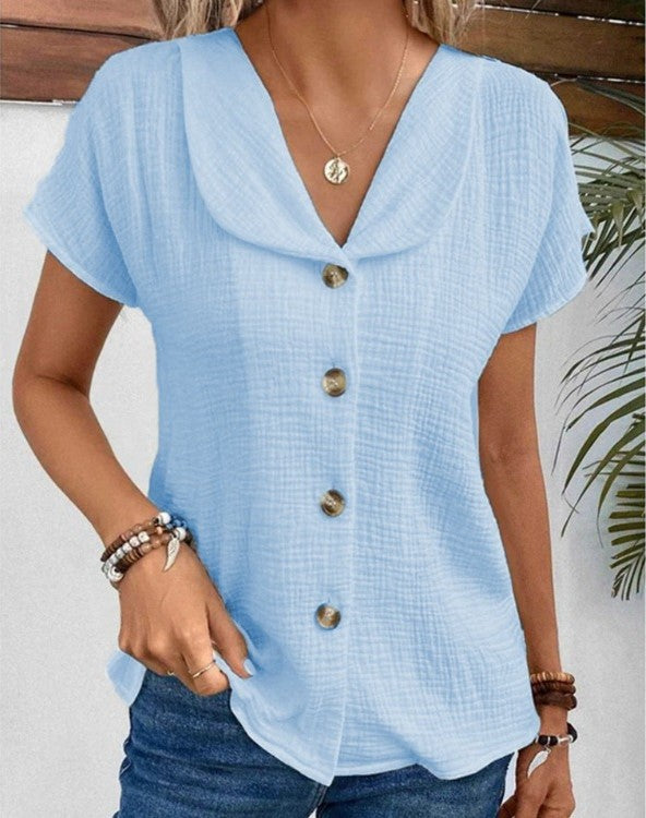 Blouse - Vrouwen kort mouw V-hals Button-Up Zomer Blouse-Boetiek Moda