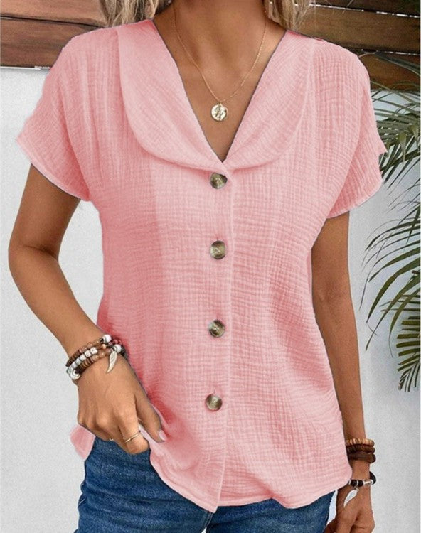 Blouse - Vrouwen kort mouw V-hals Button-Up Zomer Blouse-Boetiek Moda